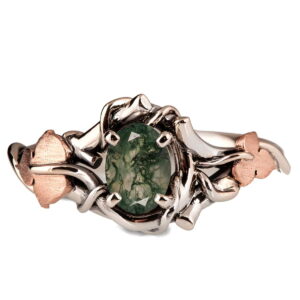 Black Vines and Leaves Oval Moss Agate Engagement Ring White and Rose Gold Catalogue