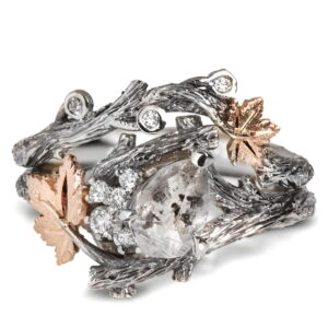 Platinum and Rose Gold Twig and Maple Leaf Raw Diamond Cluster Bridal Set Catalogue