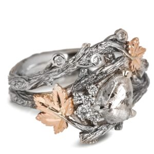 Platinum and Rose Gold Twig and Maple Leaf Raw Diamond Cluster Bridal Set Catalogue