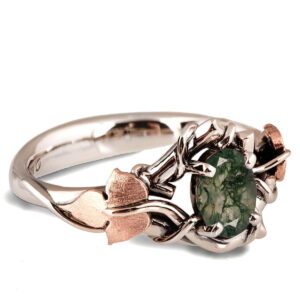 Black Vines and Leaves Oval Moss Agate Engagement Ring White and Rose Gold Catalogue
