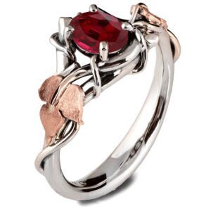 Platinum and Rose Gold Vines and Leaves Ruby Engagament Ring Catalogue
