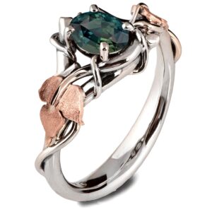 Platinum and Rose Gold Vines and Leaves Teal Sapphire Engagament Ring Catalogue