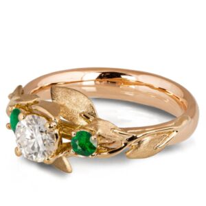 Leaves Engagement Ring #8 Rose Gold and Moissanite and Emeralds Catalogue