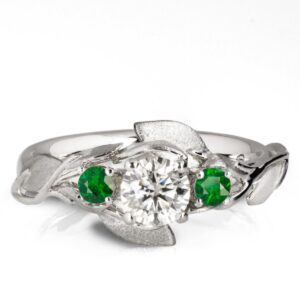 Leaves Engagement Ring #8 White Gold and Moissanite and Emeralds