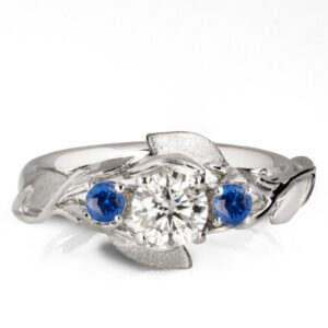 Leaves Engagement Ring #8 White Gold and Moissanite and Sapphires