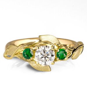 Leaves Engagement Ring #8 Yellow Gold and Moissanite and Emeralds