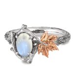 Twig and Maple Leaf Oval Moonstone Engagement Ring