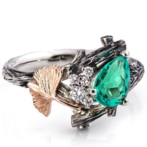 Twig and Ginkgo Leaf Pear Emerald and Diamonds Cluster Engagement Ring Catalogue