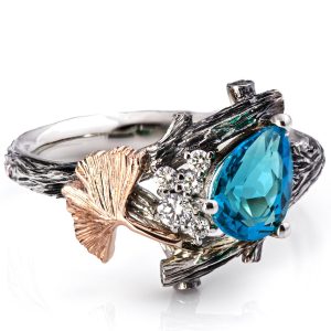 Twig and Ginkgo Leaf Pear Teal Sapphire and Diamonds Cluster Engagement Ring Catalogue