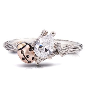 Ladybug Engagement Ring Set with a Pear-Shaped Diamond