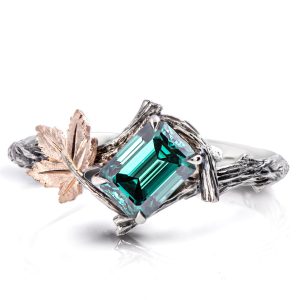 Twig and Maple Leaf Emerald-Cut Teal Moissanite Ring