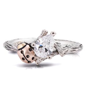 Ladybug Engagement Ring Set with a Pear-Shaped Diamond