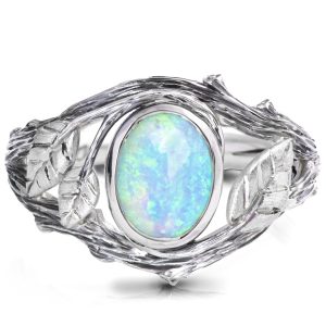 Twig and Leaf Opal Engagement Ring White Gold 8