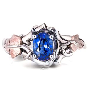 Platinum and Rose Gold Vines and Leaves Blue Sapphire Engagament Ring