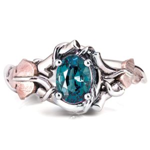 Platinum and Rose Gold Vines and Leaves Teal Sapphire Engagament Ring