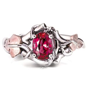 Platinum and Rose Gold Vines and Leaves Ruby Engagament Ring