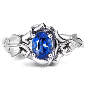 Black and White Gold Vines and Leaves Blue Sapphire Engagament Ring