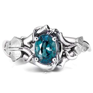 Black and White Gold Vines and Leaves Teal Sapphire Engagament Ring