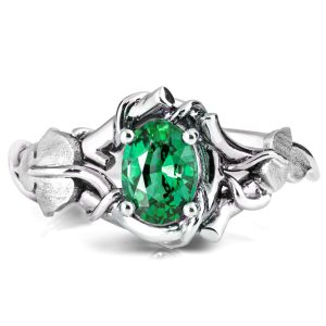 Black and White Gold Vines and Leaves Emerald Engagament Ring