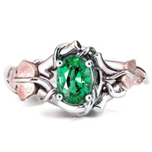 Black and Rose Gold Vines and Leaves Emerald  Engagament Ring