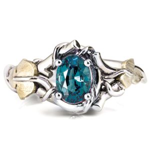 Black and Yellow Gold Vines and Leaves Teal Sapphire Engagament Ring