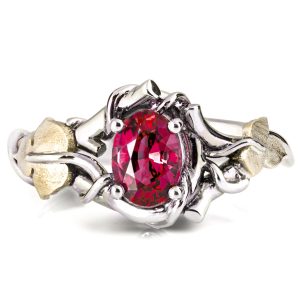 Black and Yellow Gold Vines and Leaves Ruby Engagament Ring