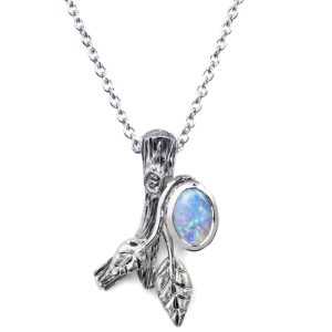 Twig and Leaf Opal Pendant White Gold