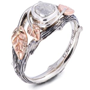 Raw Diamond Twig Engagement Ring Rose Gold 8