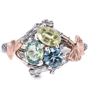 Teal Green and Blue Sapphire Cluster Ginkgo Leaves Engagement Ring