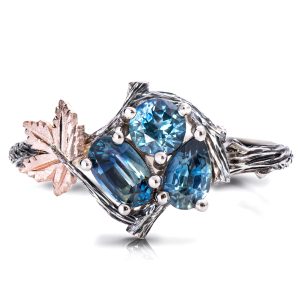 Teal Blue Sapphires Cluster Maple Leaf Ring